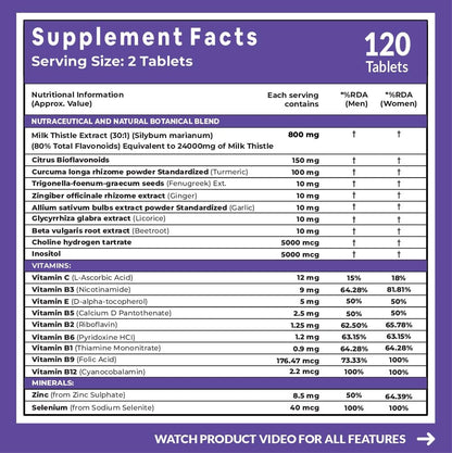 Carbamide Forte Milk Thistle Herbal Supplement, 30:1 Extract 800mg, 80% Silymarin, Veg Tablets - front view