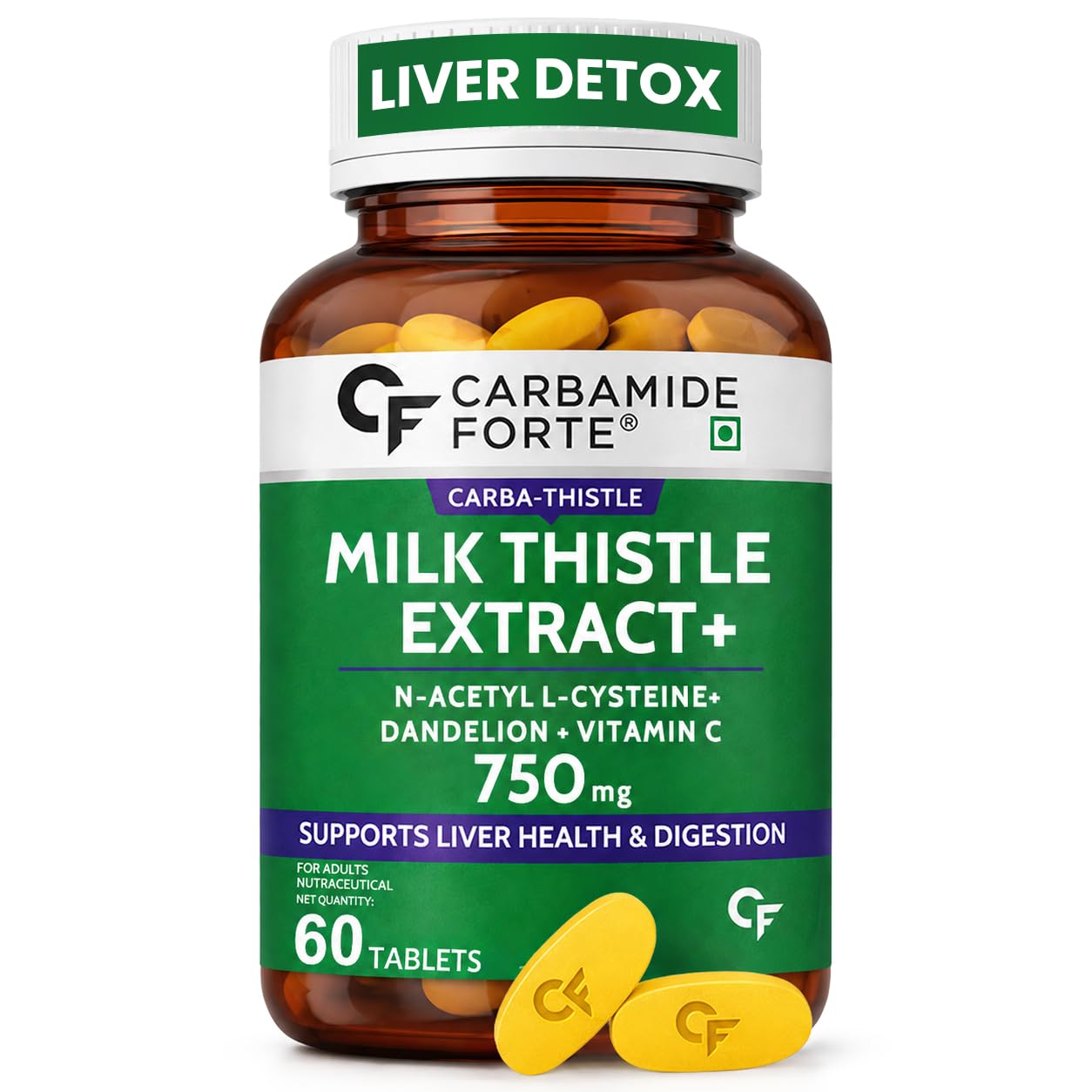 Carbamide Forte Milk Thistle Tablets with NAC, Dandelion & Vitamin C, 60 Count