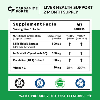 Carbamide Forte Milk Thistle Tablets with NAC, Dandelion & Vitamin C, 60 Count - front view
