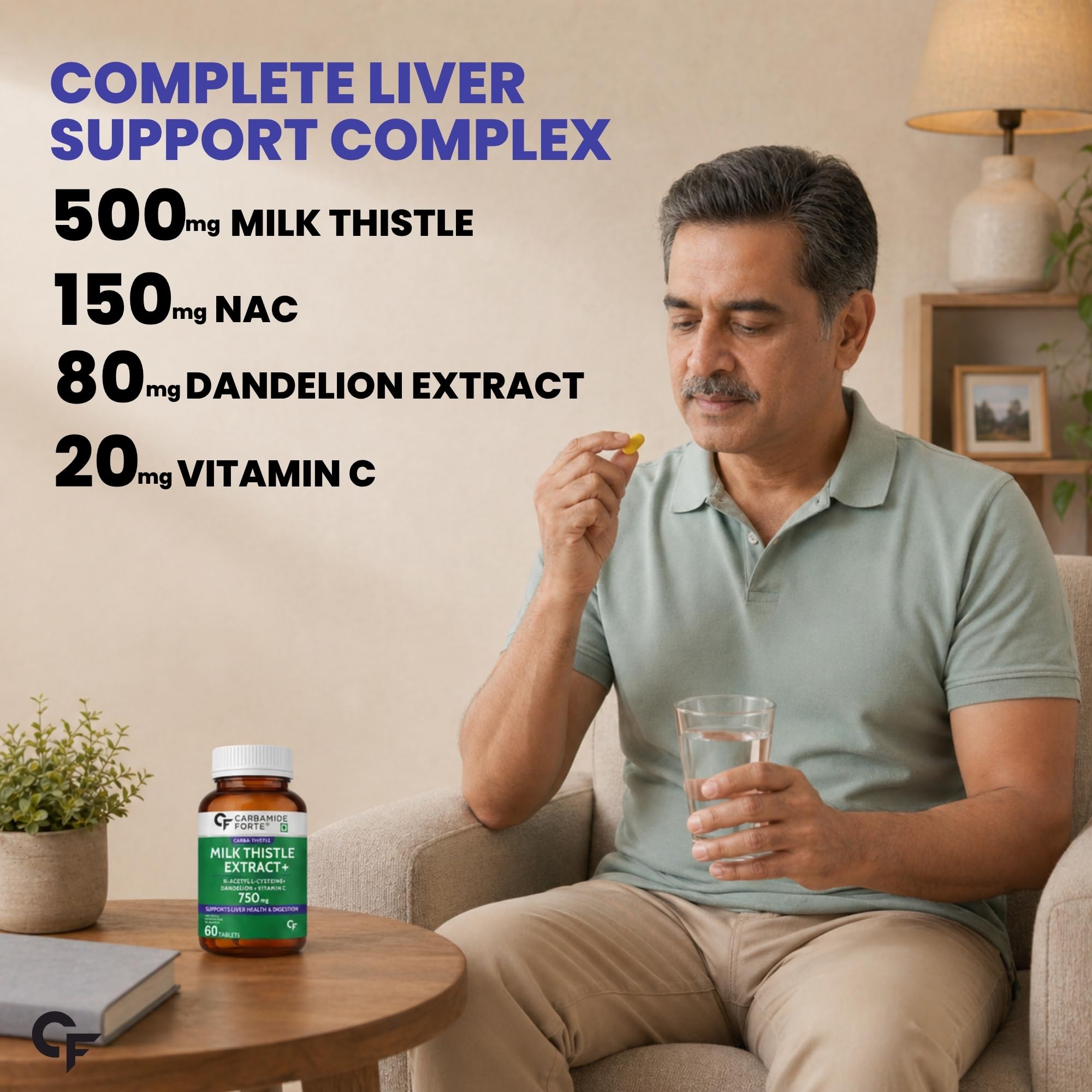 Carbamide Forte Milk Thistle Tablets with NAC, Dandelion & Vitamin C, 60 Count - back view