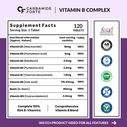 Carbamide Forte Vitamin B-Complex Tablets, 120 Count, Vegetarian, With B1, B2, B3, B5, B6, B9, Biotin and B12 - front view