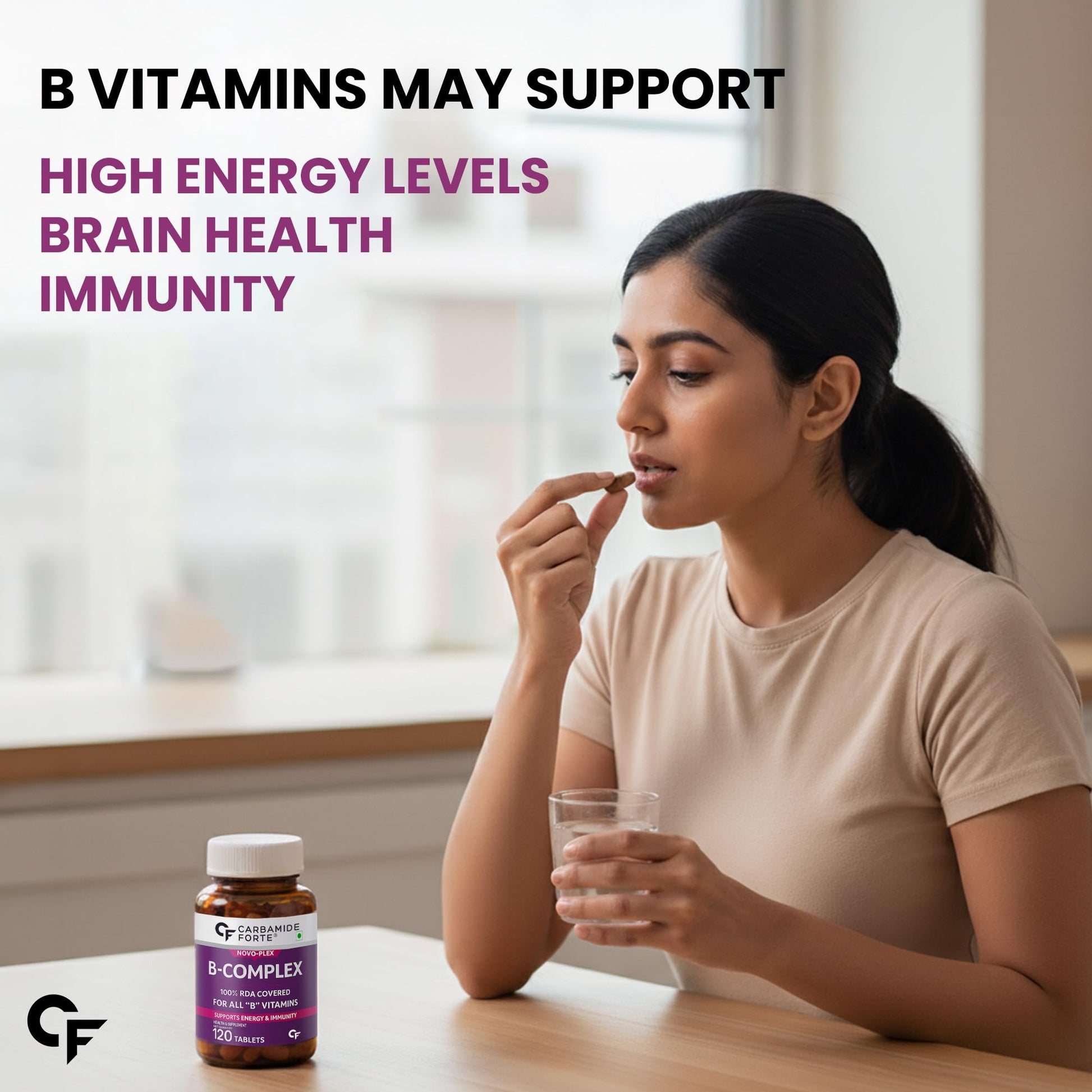 Carbamide Forte Vitamin B-Complex Tablets, 120 Count, Vegetarian, With B1, B2, B3, B5, B6, B9, Biotin and B12 - back view