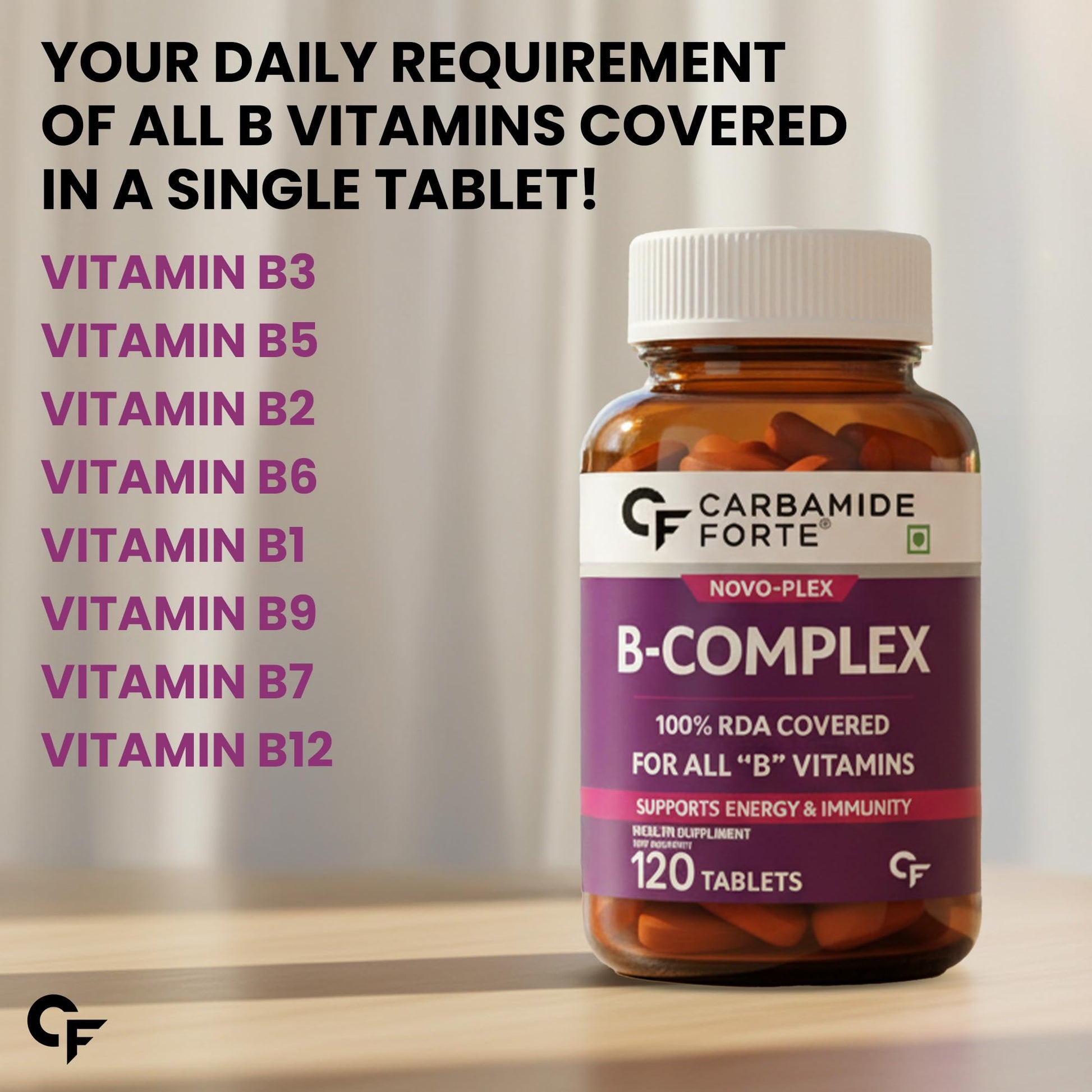 Carbamide Forte Vitamin B-Complex Tablets, 120 Count, Vegetarian, With B1, B2, B3, B5, B6, B9, Biotin and B12 - packaging