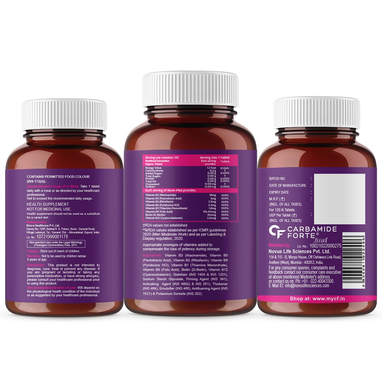 Carbamide Forte Vitamin B-Complex Tablets, 120 Count, Vegetarian, With B1, B2, B3, B5, B6, B9, Biotin and B12 - size and scal