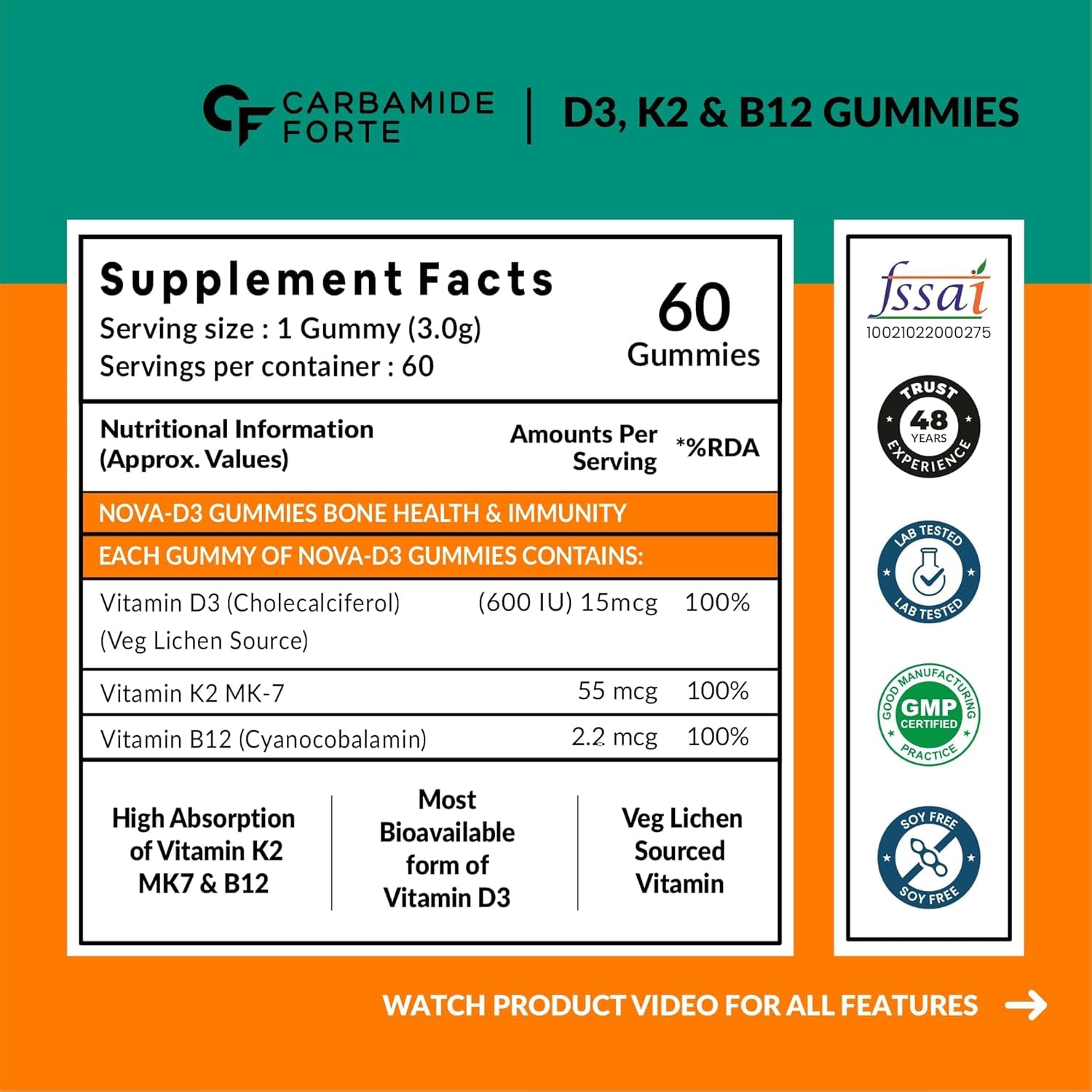 Carbamide Forte Vitamin D3 K2 MK7 Supplement, Lichen-Based Formula, Adult - front view (14)