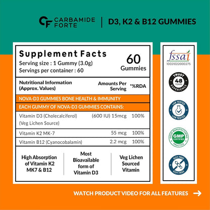 Carbamide Forte Vitamin D3 K2 MK7 Supplement, Lichen-Based Formula, Adult - front view (14)