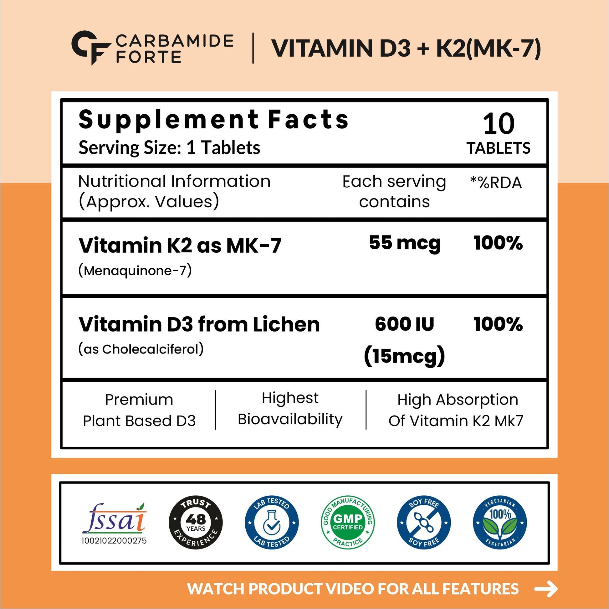 Carbamide Forte Vitamin D3 K2 MK7 Supplement, Lichen-Based Formula, Adult - front view