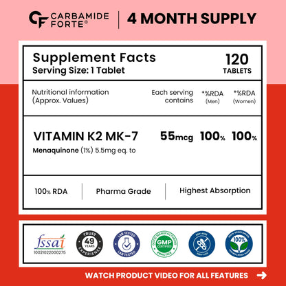 Carbamide Forte Vitamin D3 K2 MK7 Supplement, Lichen-Based Formula, Adult - front view (22)