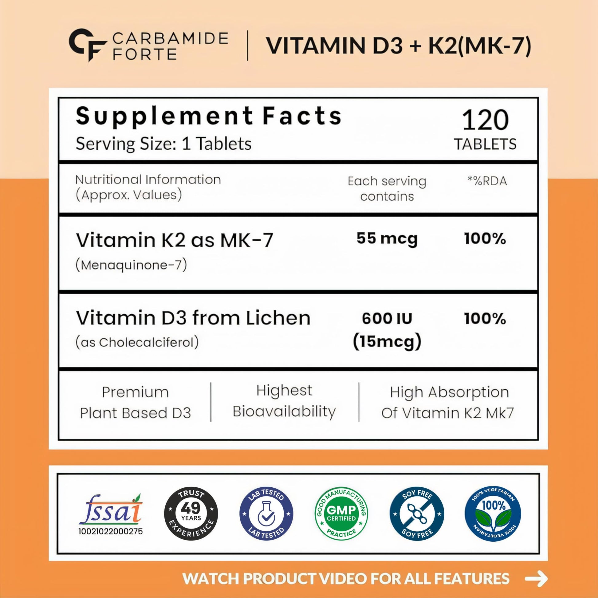 Carbamide Forte Vitamin D3 K2 MK7 Supplement, Lichen-Based Formula, Adult - front view (31)