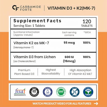 Carbamide Forte Vitamin D3 K2 MK7 Supplement, Lichen-Based Formula, Adult - front view (31)