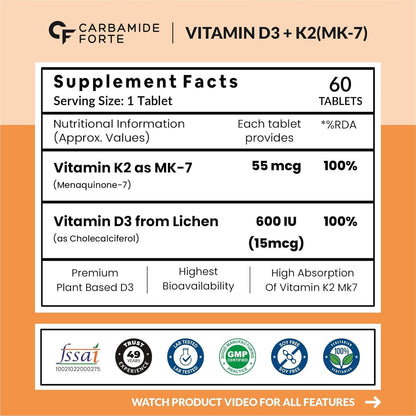 Carbamide Forte Vitamin D3 K2 MK7 Supplement, Lichen-Based Formula, Adult - front view (5)