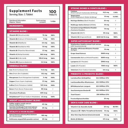 Carbamide Forte Women Combination Multivitamin & Mineral Tablets with Probiotics, 43 Ingredients - front view (35)