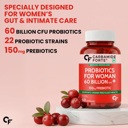 Carbamide Forte Women’s Probiotics Supplement, 60 Billion CFU, 22 Strains, 60 Vegetarian Capsules with Prebiotics & Cranberry
