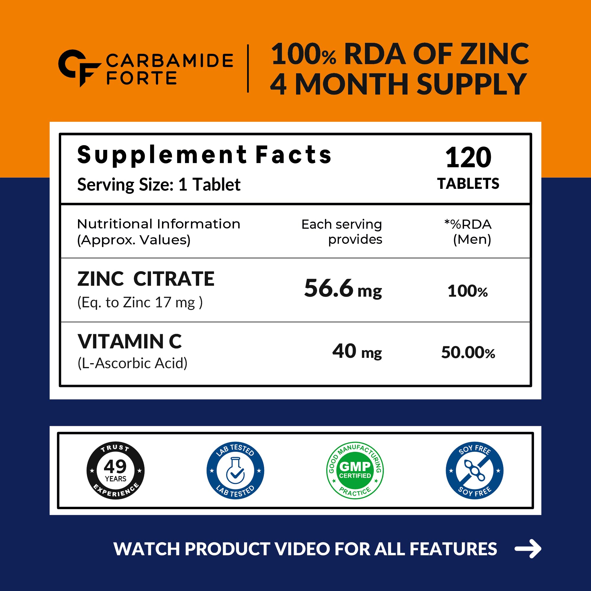 Carbamide Forte Zinc Citrate with Vitamin C Supplement, 120 Tablets, 56.6mg Zinc, 40mg Vitamin C - front view