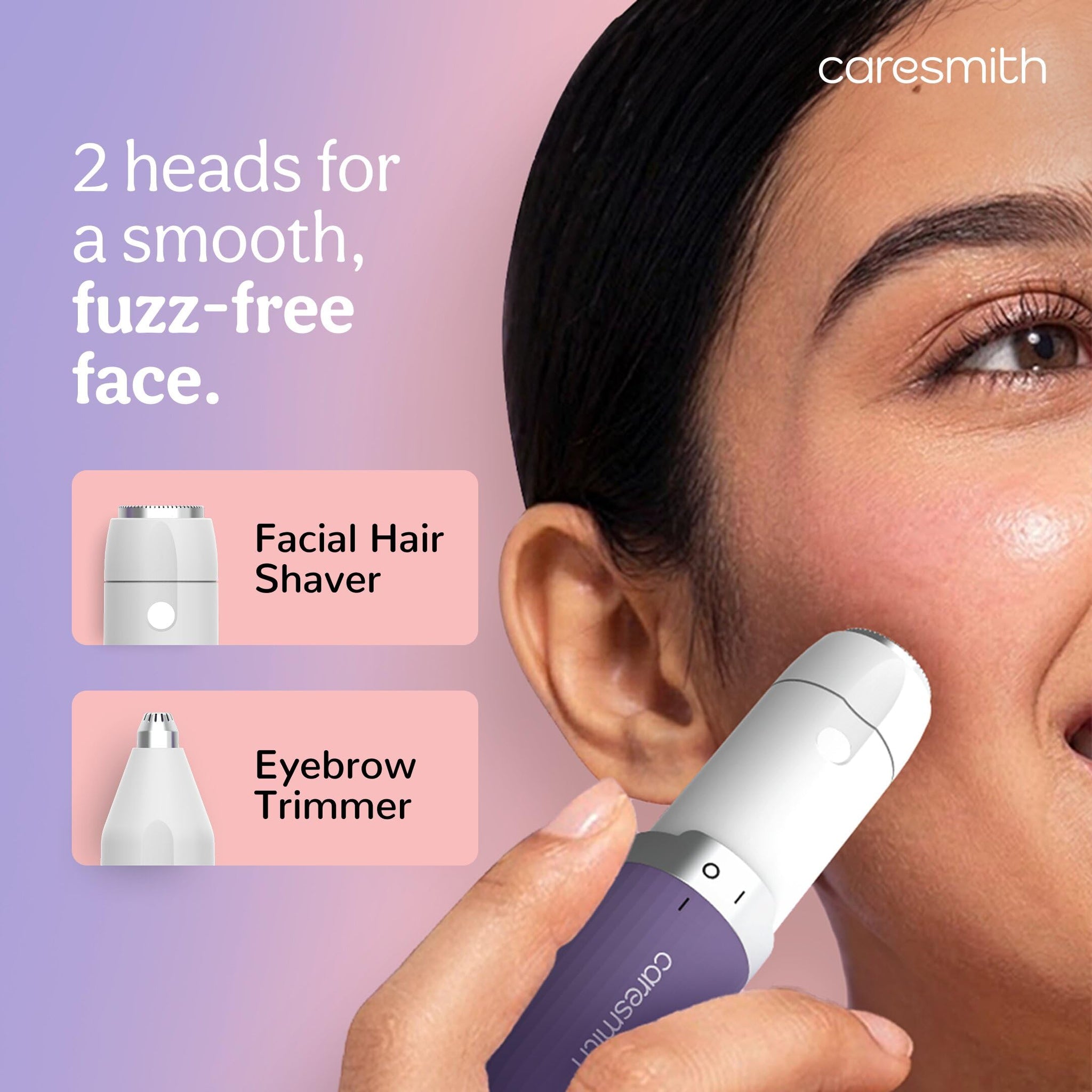 CARESMITH Bloom 2-in-1 Rechargeable Facial Hair Removal Machine & Eyebrow Trimmer for Women, USB-C, LED Light - front view