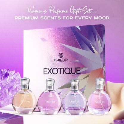 Carlton London Exotique Perfume Gift Set for Women, 4 x 30ml Fragrances with Rose, Orange, Cedar, and Honey Notes - front vie