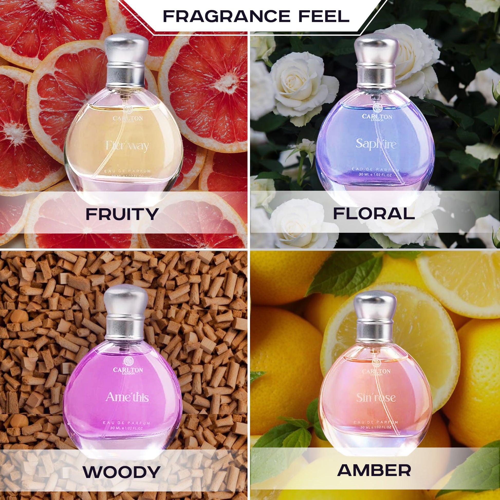 Carlton London Exotique Perfume Gift Set for Women, 4 x 30ml Fragrances with Rose, Orange, Cedar, and Honey Notes - back view