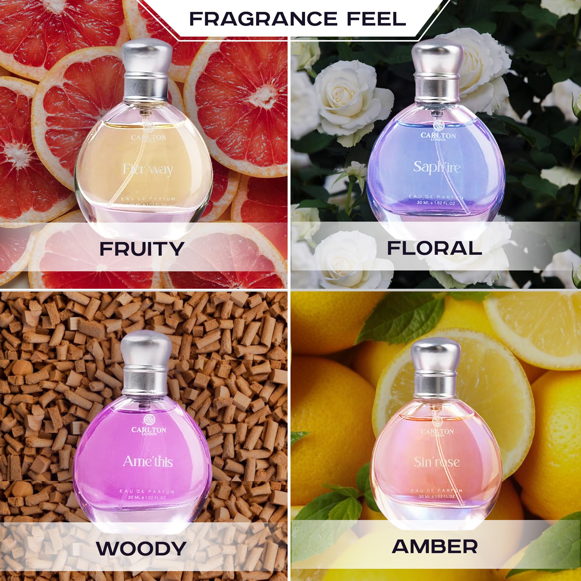 Carlton London Exotique Perfume Gift Set for Women, 4 x 30ml Fragrances with Rose, Orange, Cedar, and Honey Notes - back view
