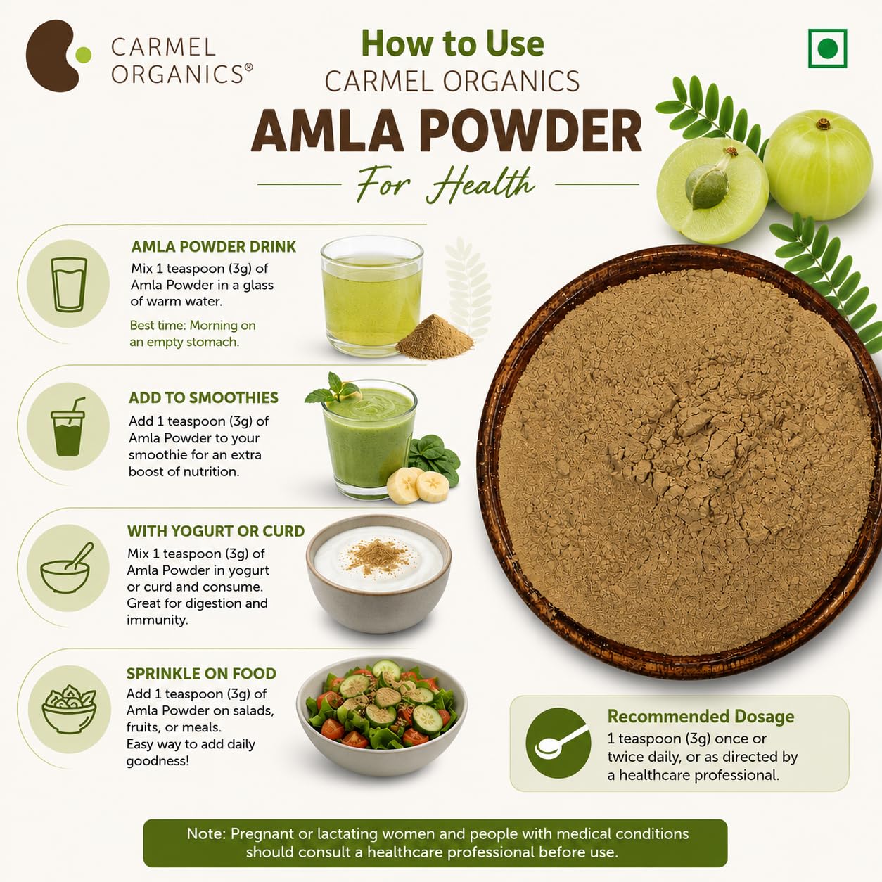 CARMEL ORGANICS Amla Fruit Powder 100g, Organic Herbal Supplement, Indian Gooseberry - label detail