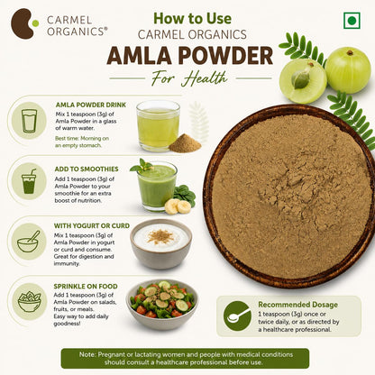 CARMEL ORGANICS Amla Fruit Powder 100g, Organic Herbal Supplement, Indian Gooseberry - label detail