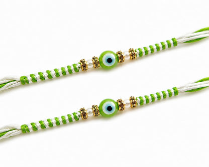 Cart Log Pack of 2 Royal Green Evil Eye Thread Rakhi - Raksha Sutra Dhaga for Bhai | Handmade Rakhi Designer Bracelet for Bro