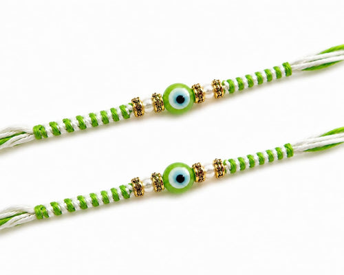 Cart Log Pack of 2 Royal Green Evil Eye Thread Rakhi - Raksha Sutra Dhaga for Bhai | Handmade Rakhi Designer Bracelet for Bro