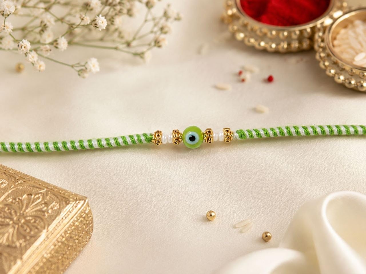 Cart Log Pack of 2 Royal Green Evil Eye Thread Rakhi - Raksha Sutra Dhaga for Bhai | Handmade Rakhi Designer Bracelet for Bro