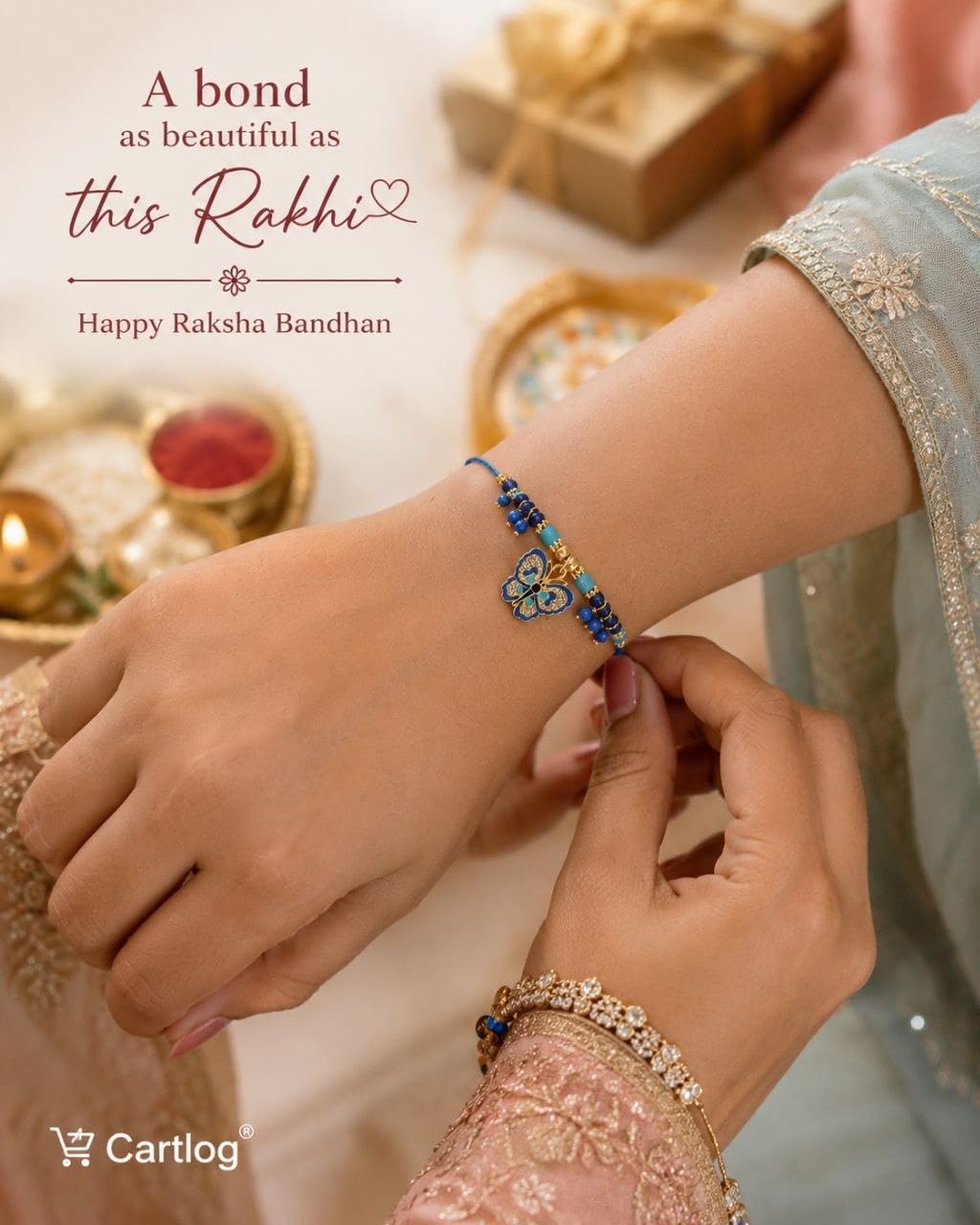 Cart Log Royal Evil Eye Butterfly Rakhi - Raksha Sutra Dhaga for Bhabhi | Lumba Handmade Rakhi Designer Bracelet with Roli Ch