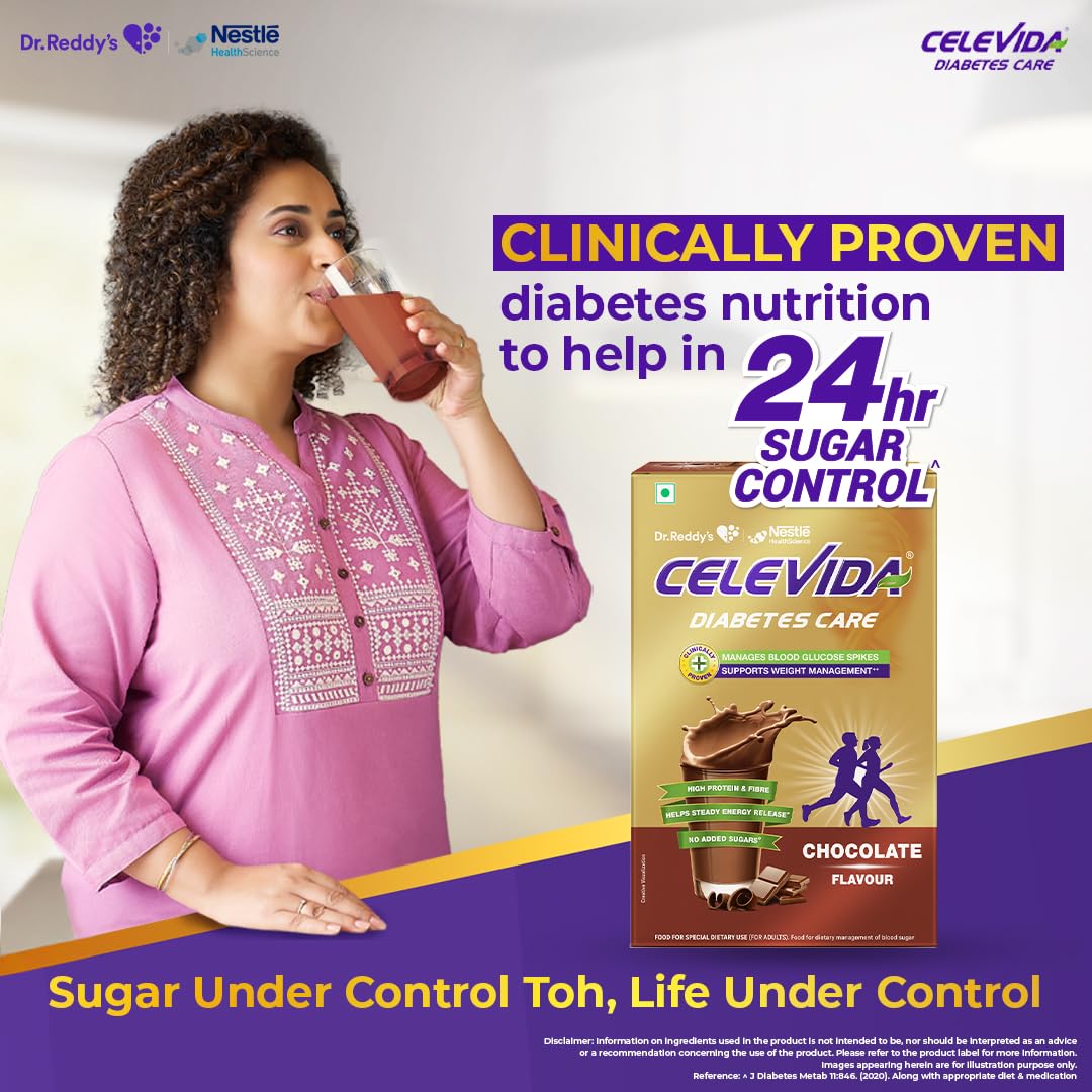 Celevida Diabetes Nutrition I I Helps in 24-Hr Sugar Control I Chocolate Flavor 400g Powder I Plant based protein & Dual blen