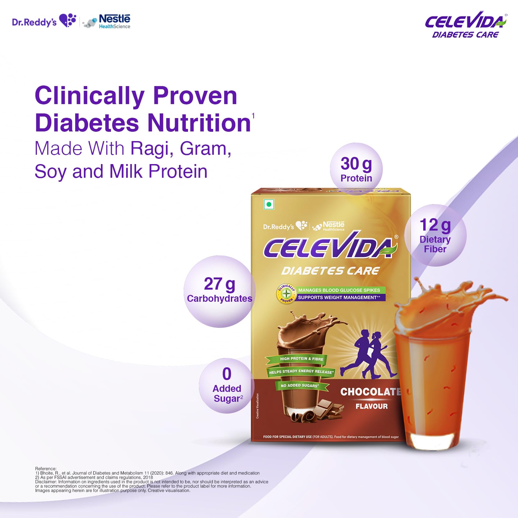 Celevida Diabetes Nutrition I I Helps in 24-Hr Sugar Control I Chocolate Flavor 400g Powder I Plant based protein & Dual blen