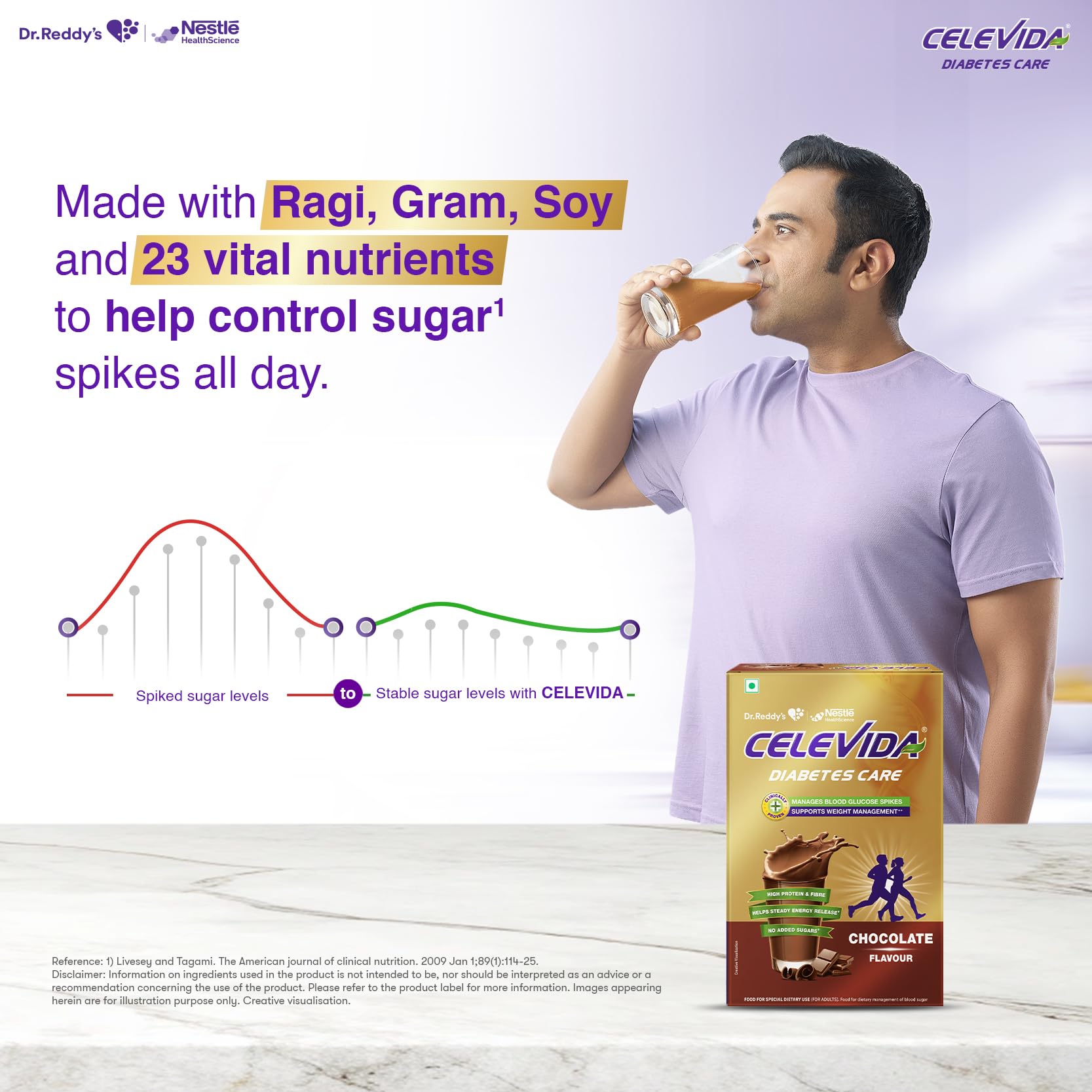 Celevida Diabetes Nutrition I I Helps in 24-Hr Sugar Control I Chocolate Flavor 400g Powder I Plant based protein & Dual blen