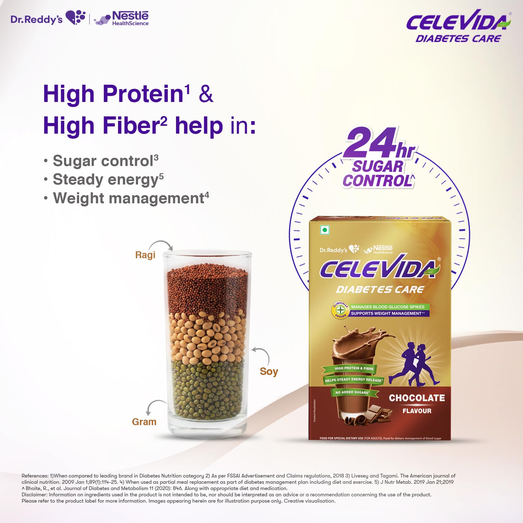 Celevida Diabetes Nutrition I I Helps in 24-Hr Sugar Control I Chocolate Flavor 400g Powder I Plant based protein & Dual blen