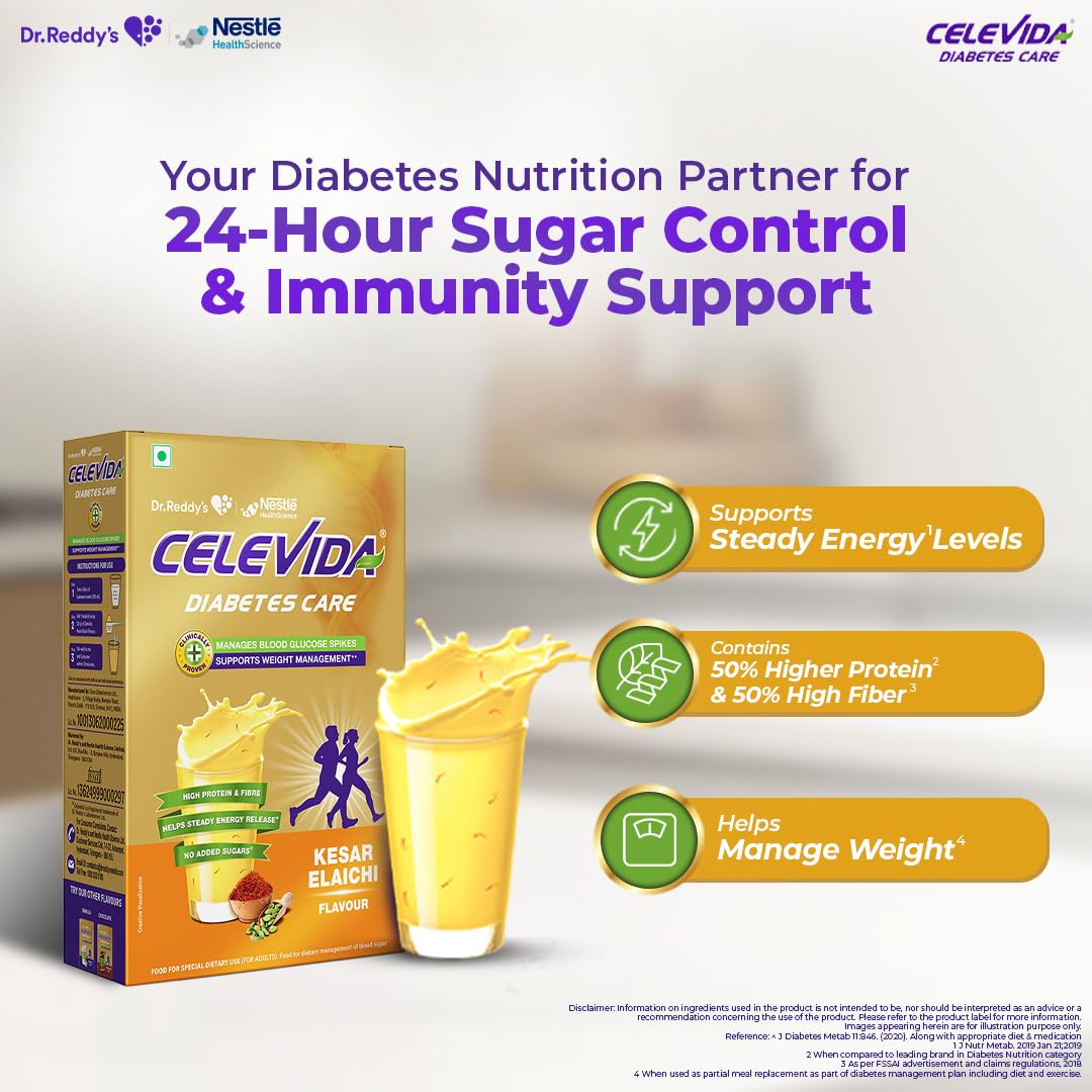 Celevida Diabetes Nutrition Powder, Kesar Elaichi Flavor, 400g Refill Pack, Plant-Based Protein & Dual Fiber, No Added Sugar 
