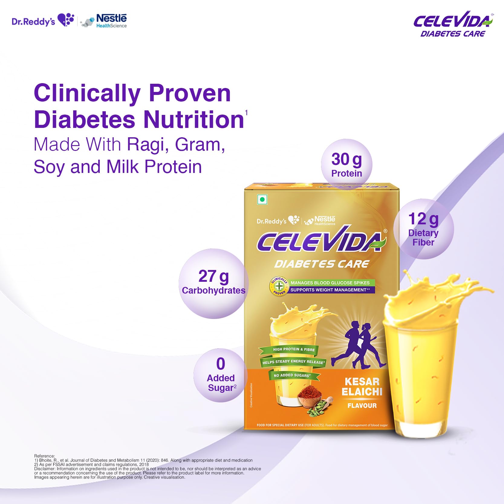 Celevida Diabetes Nutrition Powder, Kesar Elaichi Flavor, 400g Refill Pack, Plant-Based Protein & Dual Fiber, No Added Sugar 