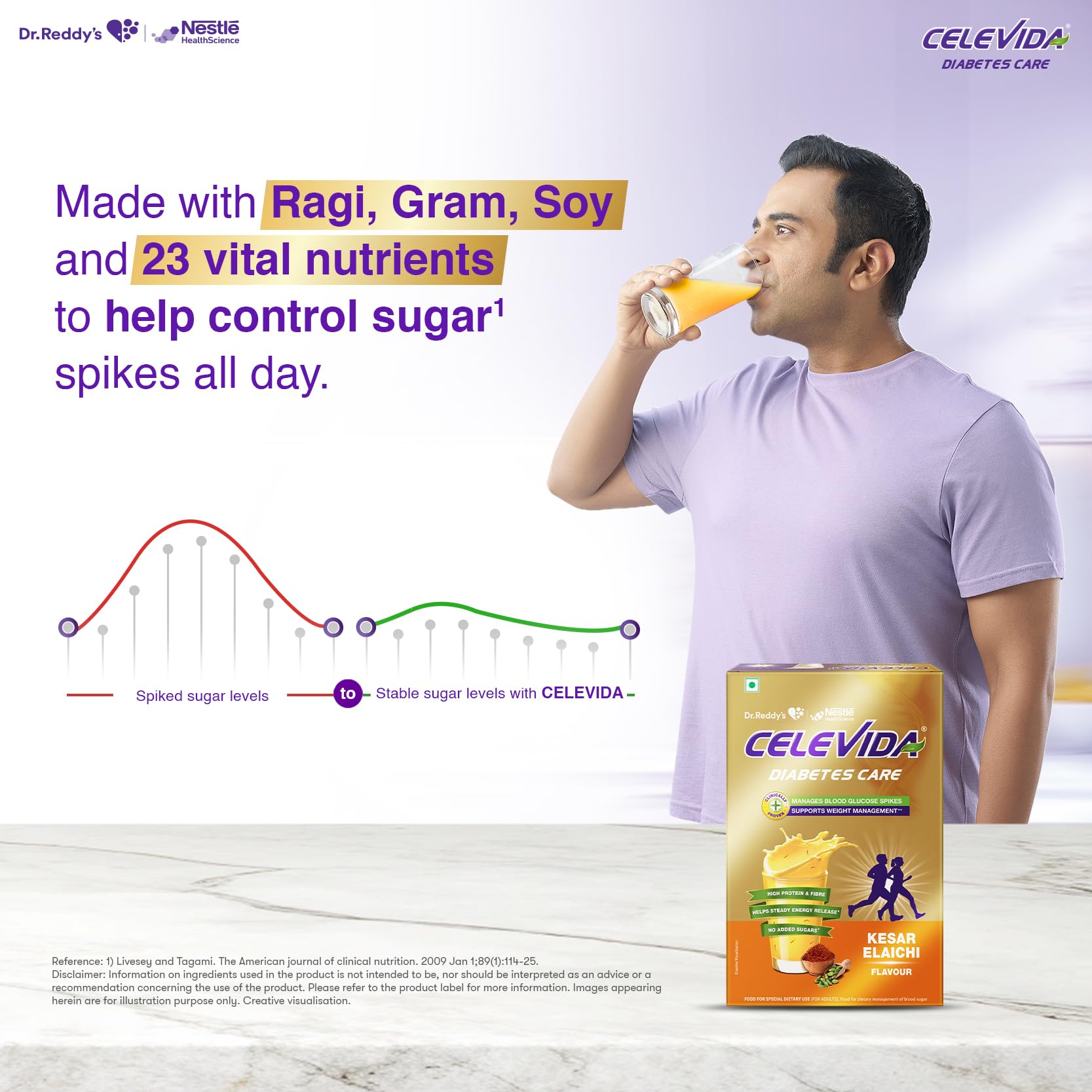 Celevida Diabetes Nutrition Powder, Kesar Elaichi Flavor, 400g Refill Pack, Plant-Based Protein & Dual Fiber, No Added Sugar 
