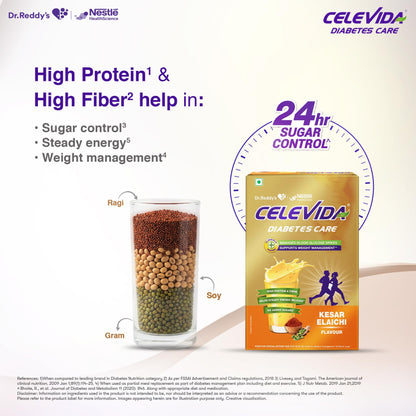 Celevida Diabetes Nutrition Powder, Kesar Elaichi Flavor, 400g Refill Pack, Plant-Based Protein & Dual Fiber, No Added Sugar 