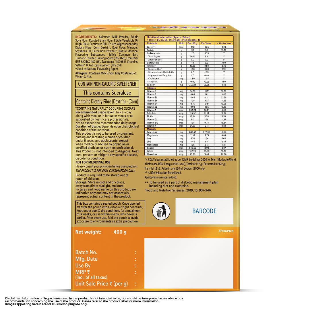 Celevida Diabetes Nutrition Powder, Kesar Elaichi Flavor, 400g Refill Pack, Plant-Based Protein & Dual Fiber, No Added Sugar 