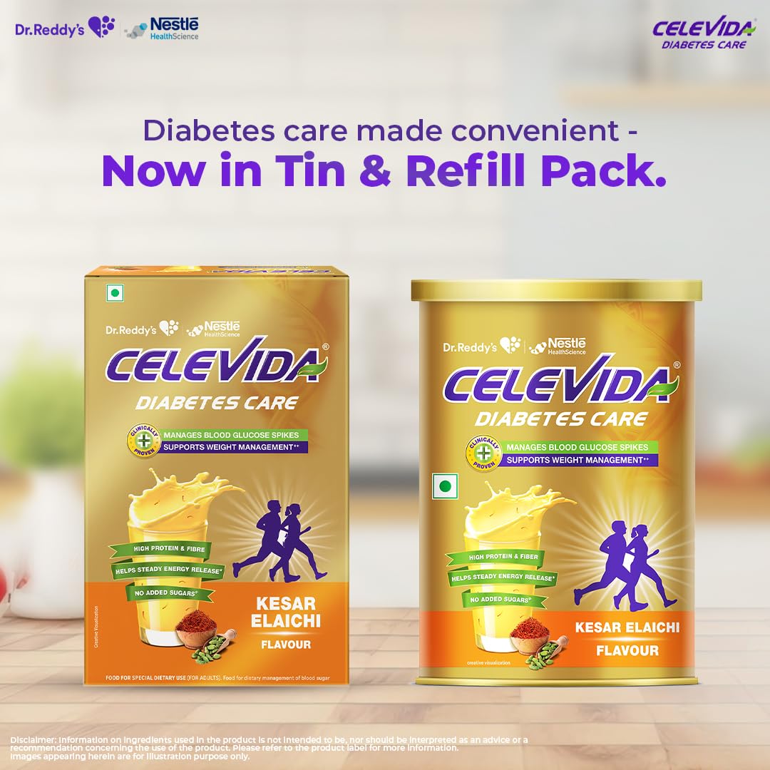 Celevida Diabetes Nutrition Powder, Kesar Elaichi Flavor, 400g Refill Pack, Plant-Based Protein & Dual Fiber, No Added Sugar 
