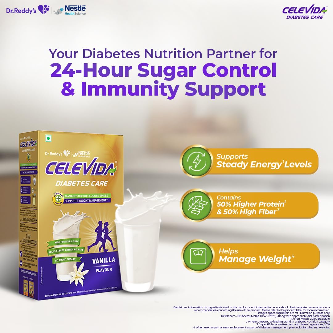 Celevida Diabetes Nutrition Vanilla Flavor Powder, 400g, Nutritional Supplement with Plant-Based Protein and Fiber - back vie