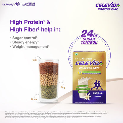 Celevida Diabetes Nutrition Vanilla Flavor Powder, 400g, Nutritional Supplement with Plant-Based Protein and Fiber - ingredie