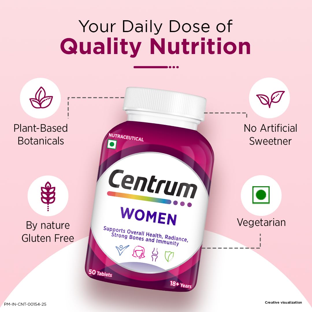 Centrum Women 50's Multivitamin & Multimineral Vegetarian Tablets, 50 Count, 23 Essential Nutrients - size and scale