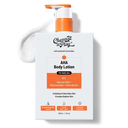 Chemist at Play AHA Body Lotion for Dry Skin, 236ml, Unisex Adult Formula, Vegan and Fragrance-Free