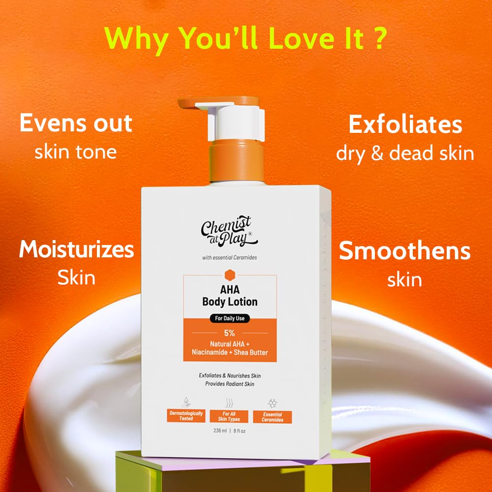 Chemist at Play AHA Body Lotion for Dry Skin, 236ml, Unisex Adult Formula, Vegan and Fragrance-Free - front view