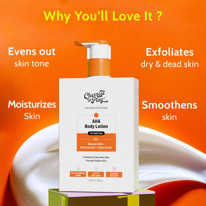 Chemist at Play AHA Body Lotion for Dry Skin, 236ml, Unisex Adult Formula, Vegan and Fragrance-Free - front view (8)