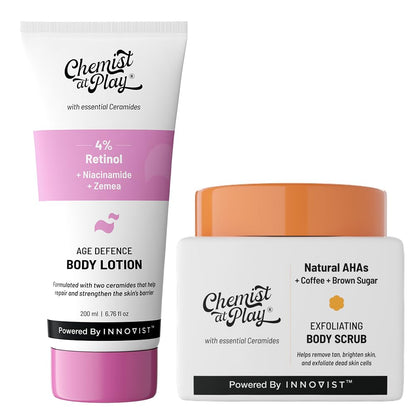 Chemist at Play Body Lotion and Scrub Set, 200ml Retinol Lotion, 75gm Coffee Scrub, with Niacinamide, Unisex