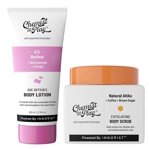 Chemist at Play Body Lotion and Scrub Set, 200ml Retinol Lotion, 75gm Coffee Scrub, with Niacinamide, Unisex