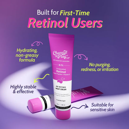 Chemist at Play Encapsulated Retinol Night Cream 0.1% with Aloe Vera, Peptides, Ceramides, Lightweight Fast-Absorbing, 30g, U