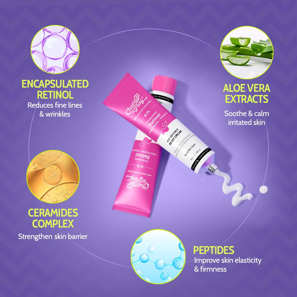 Chemist at Play Encapsulated Retinol Night Cream 0.1% with Aloe Vera, Peptides, Ceramides, Lightweight Fast-Absorbing, 30g, U