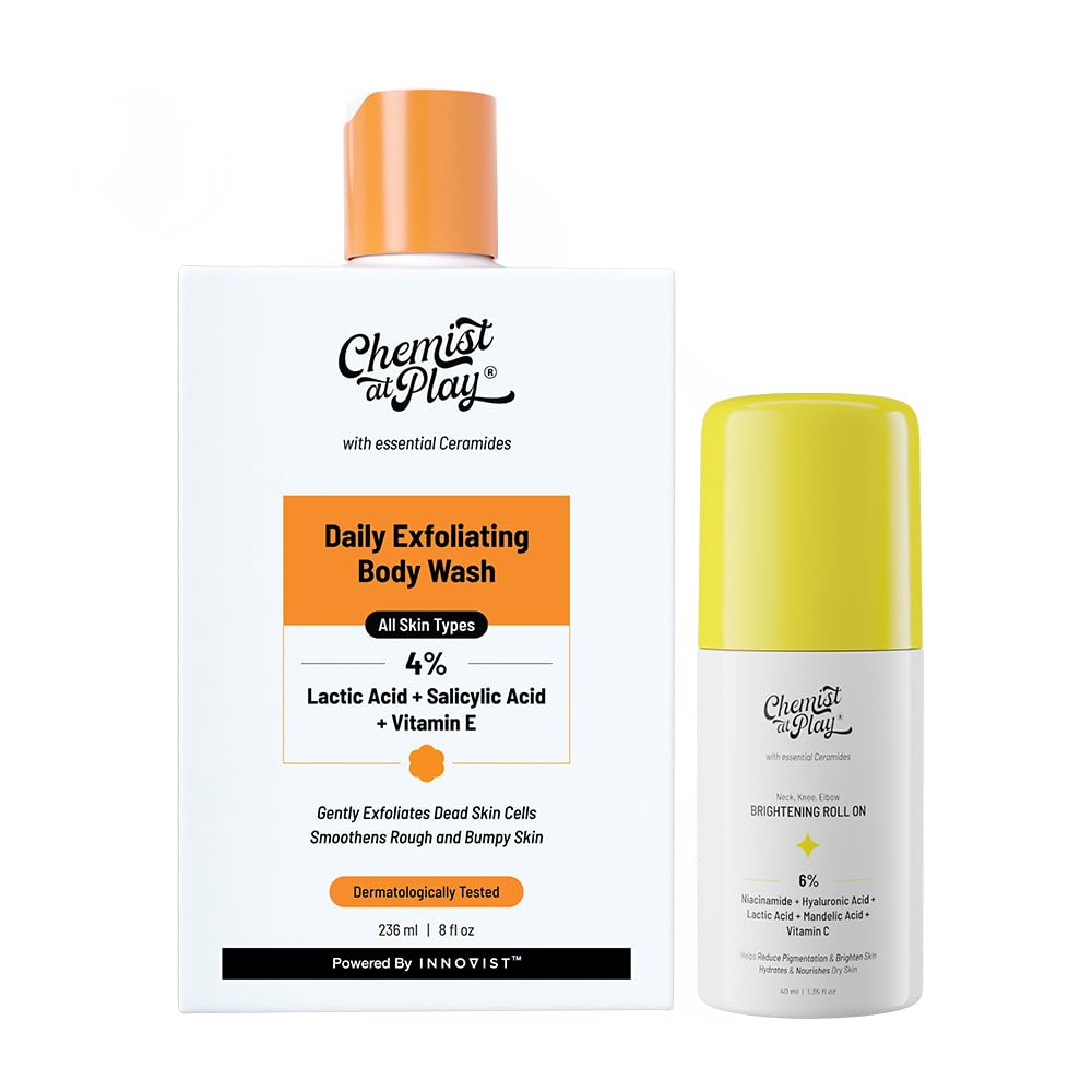 Chemist at Play Exfoliating Body Wash 236ml + Neck Knee Elbow Roll-On 40ml with Lactic Acid Niacinamide Ceramides
