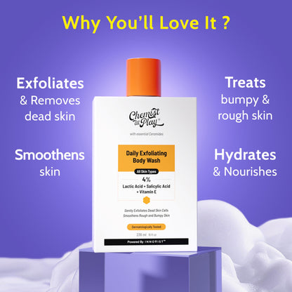 Chemist at Play Exfoliating Body Wash 236ml + Neck Knee Elbow Roll-On 40ml with Lactic Acid Niacinamide Ceramides - back view